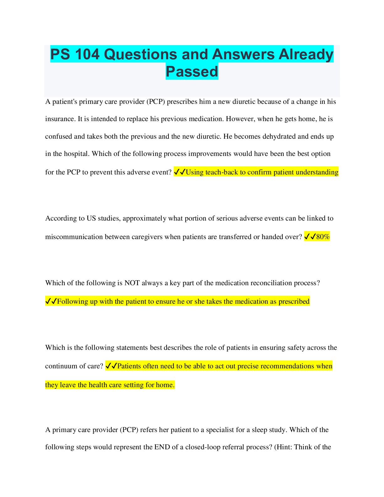 Preview of PS 104 Questions and Answers Already Passed